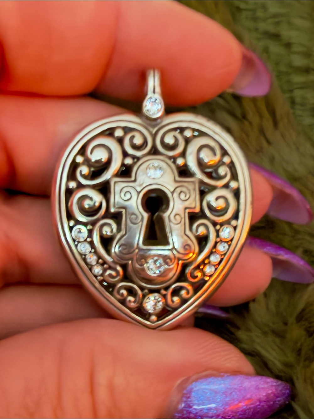 Brighton Romanza Heart Locket Pendant Necklace in Silver with Clear Crystals
